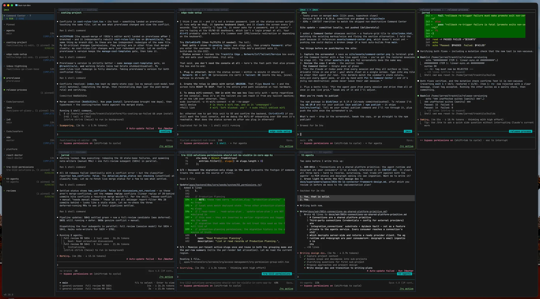 jmux Command Center: a grid of live Claude agent panes, borders colored by state