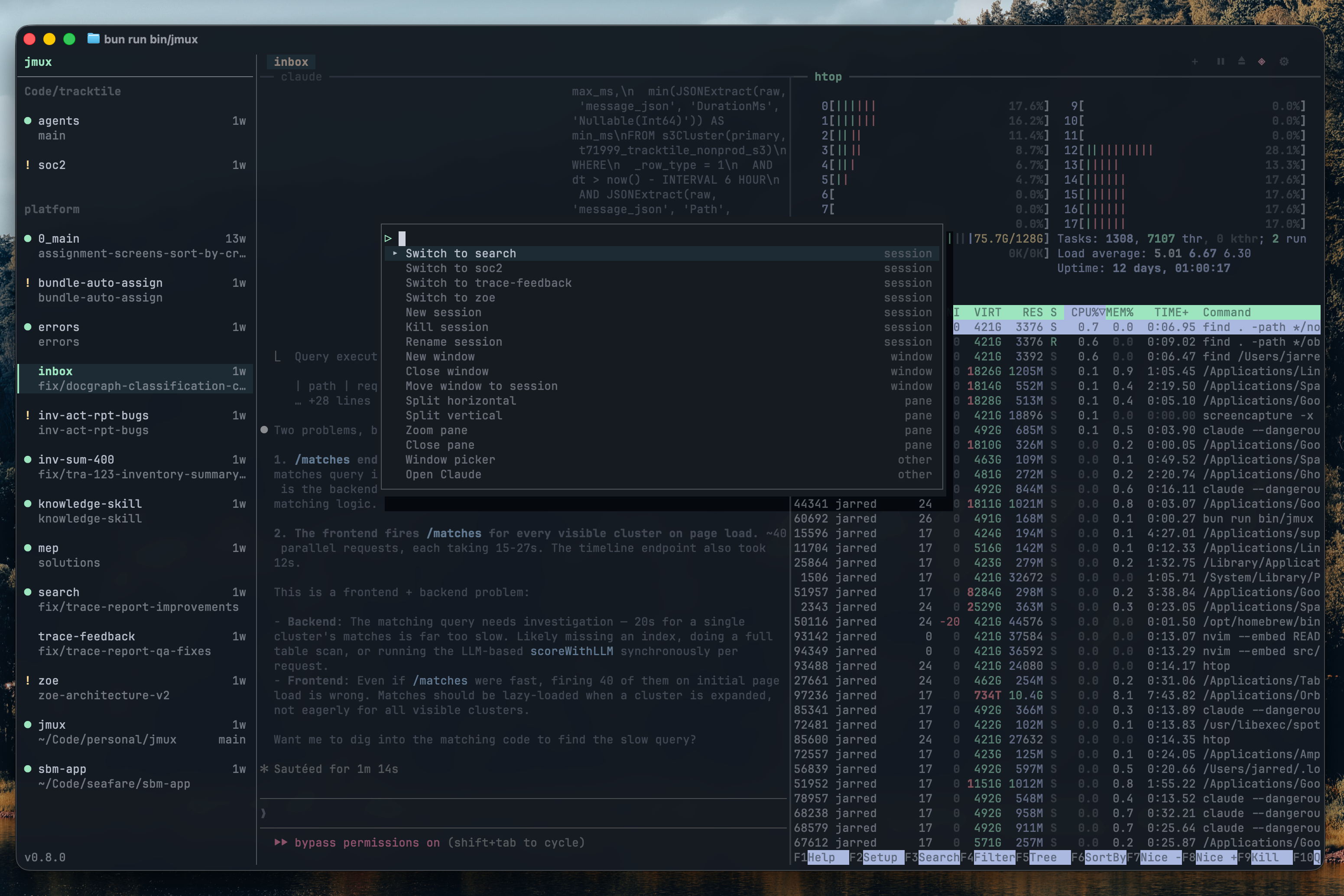 jmux command palette floating over a workspace with sessions, Claude Code, and htop