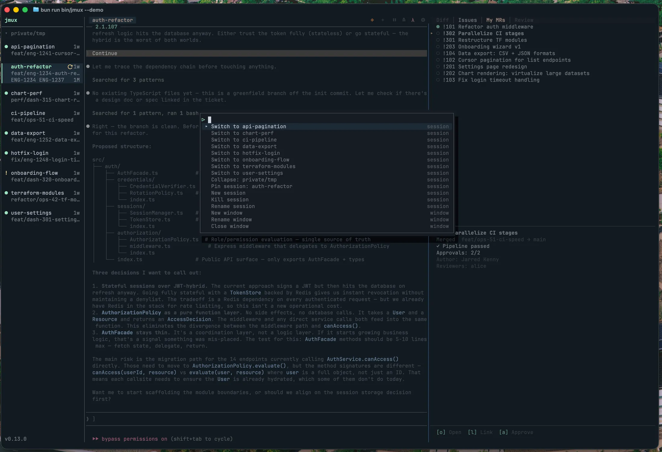 jmux command palette floating over a workspace