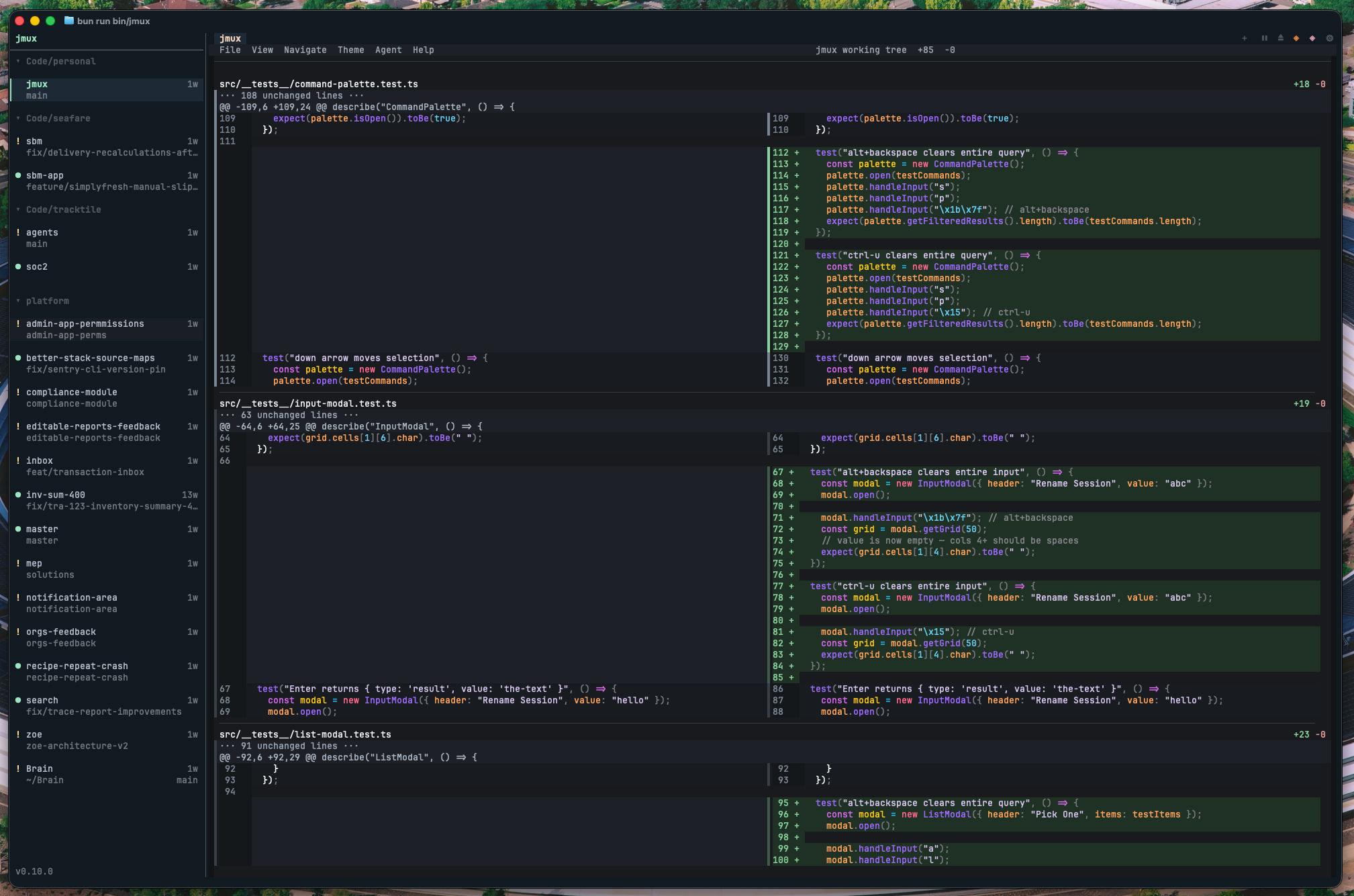 jmux diff panel in full-screen mode for thorough code review