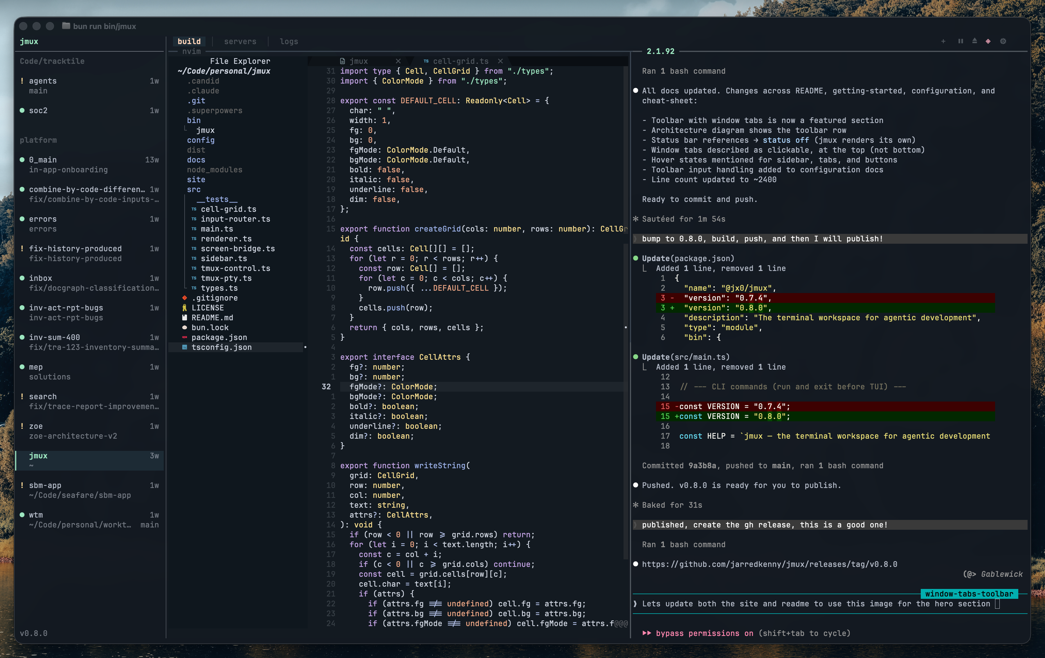 jmux sidebar with grouped sessions alongside vim and Claude Code