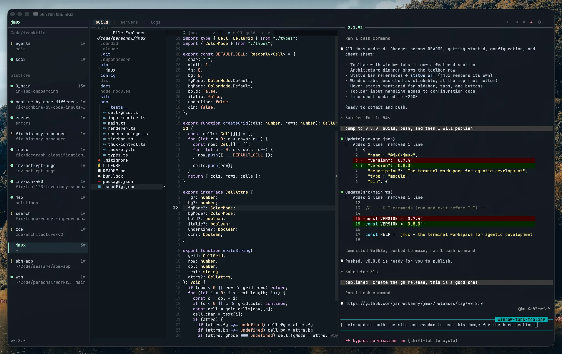 jmux sidebar with grouped sessions alongside vim and Claude Code