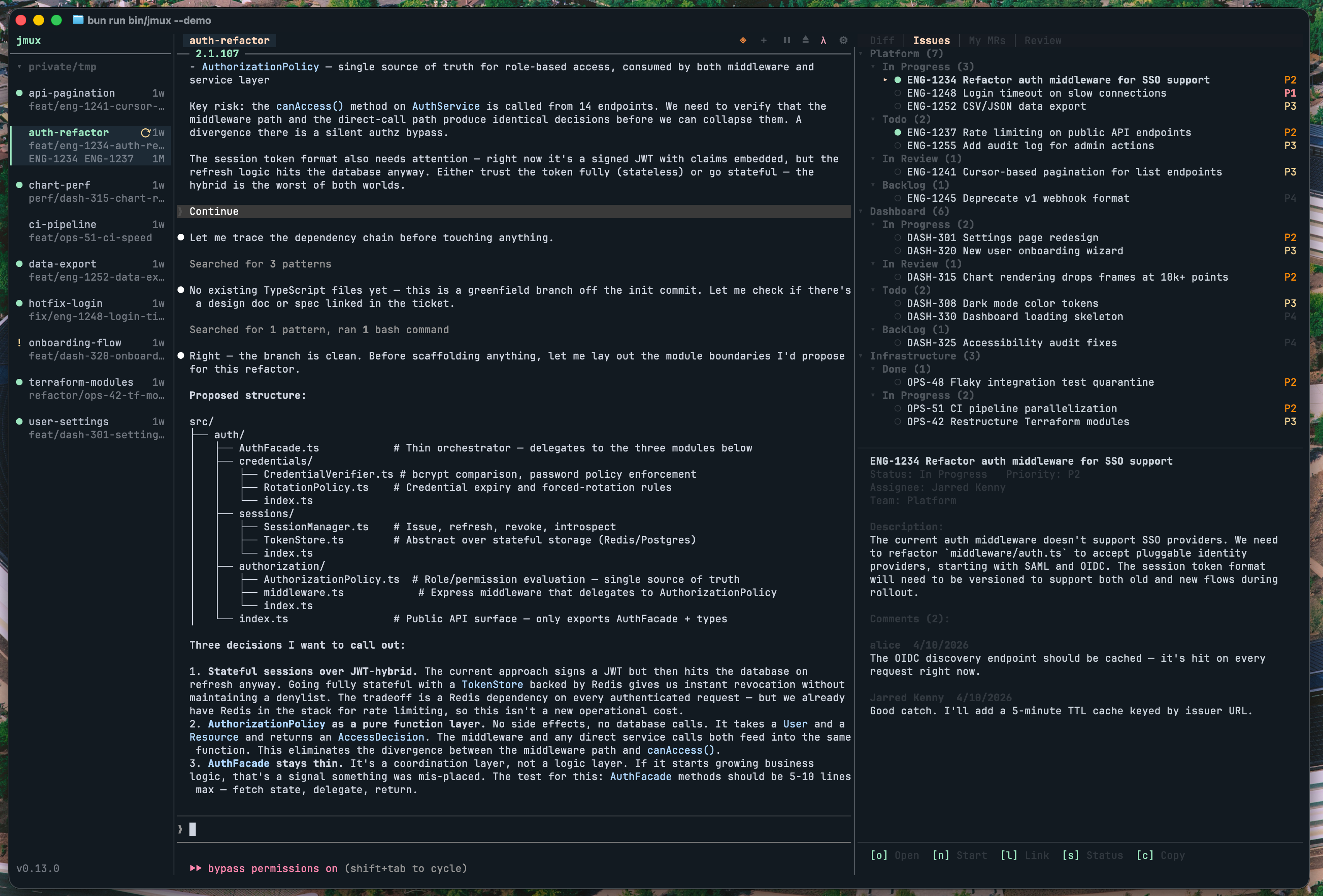 jmux info panel showing Linear issues grouped by team and status with issue detail view