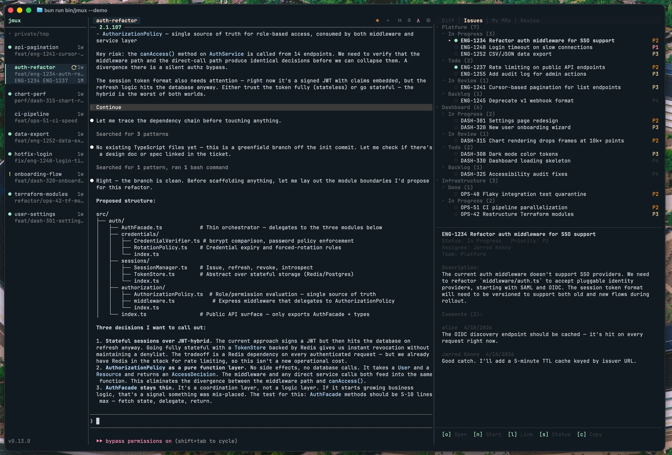 jmux info panel showing Linear issues
