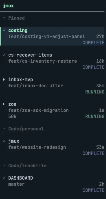 jmux session sidebar showing grouped sessions, activity dots, and agent-state flags