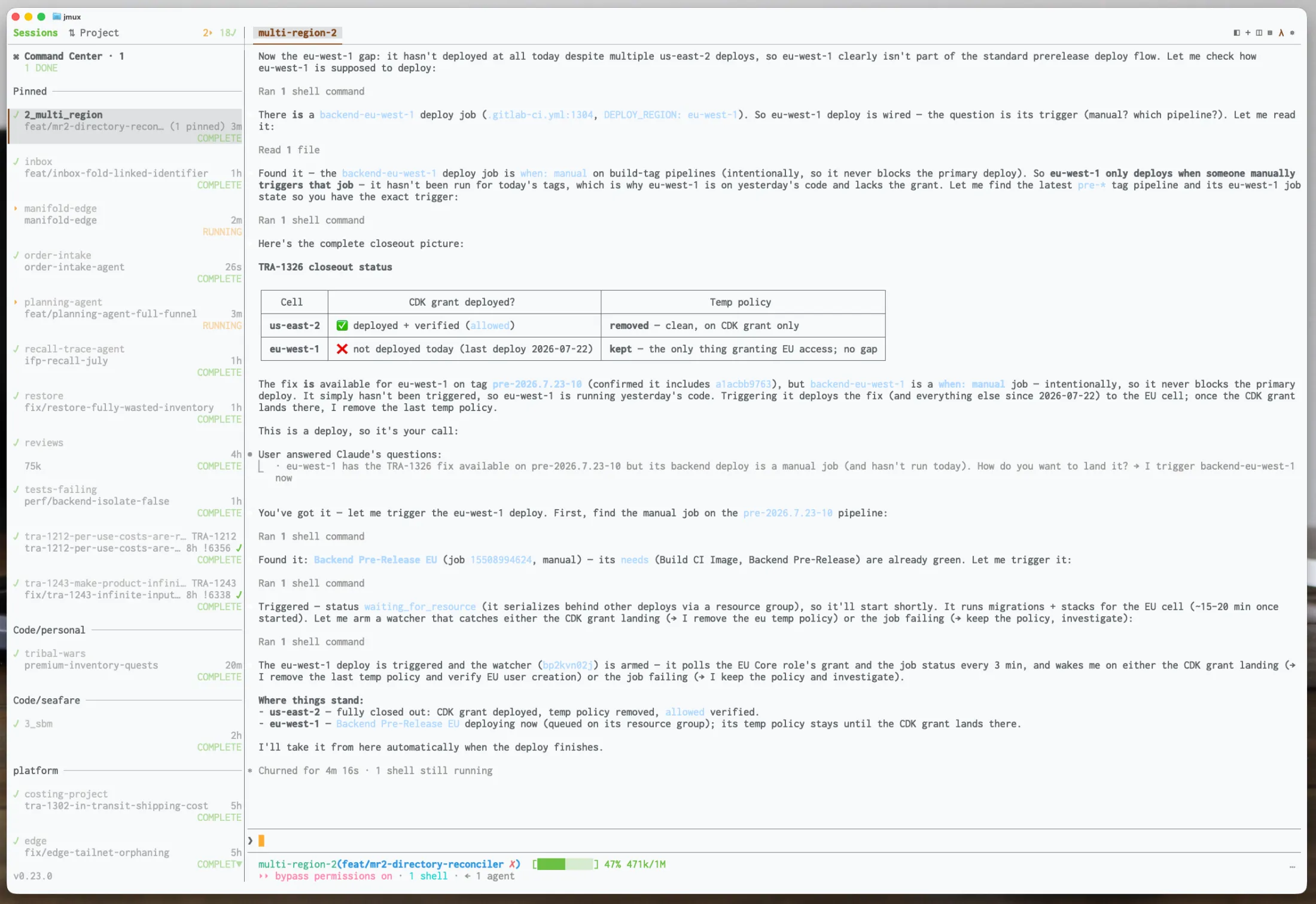 jmux in a light terminal theme showing the same session, chrome adapting to the palette